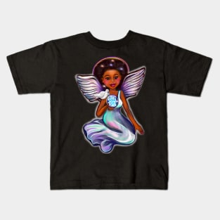 Angel with dove love joy and peace iii - Black angel of peace ! With glow, Afro hair, green eyes, Cherry pink lips and dark brown skin. Hair love ! Kids T-Shirt